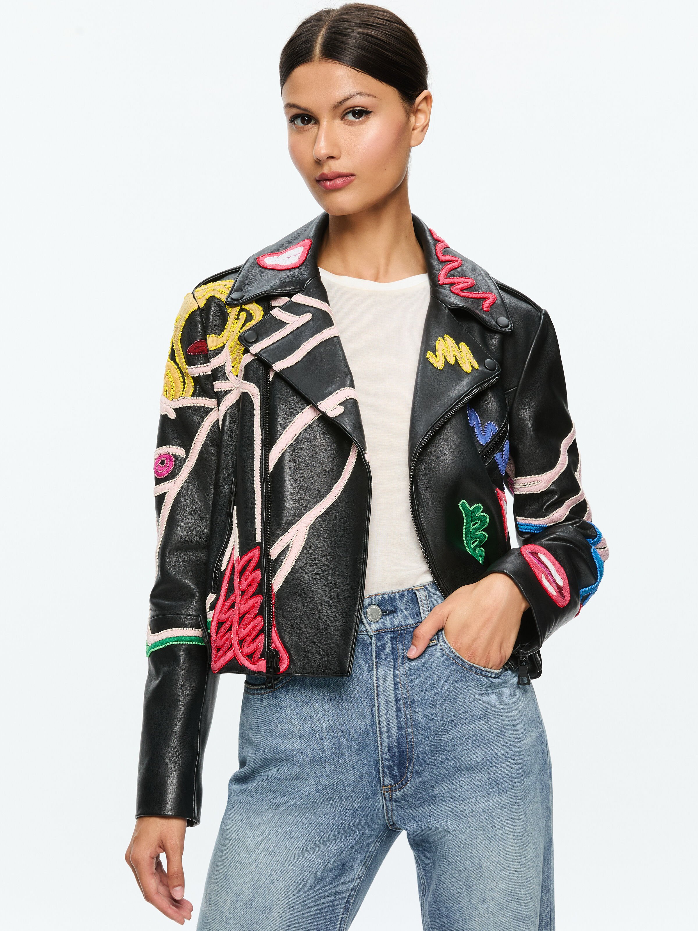 A o X Tom Wesselmann Cody Leather Moto Jacket In Natural Beauty Alice Olivia