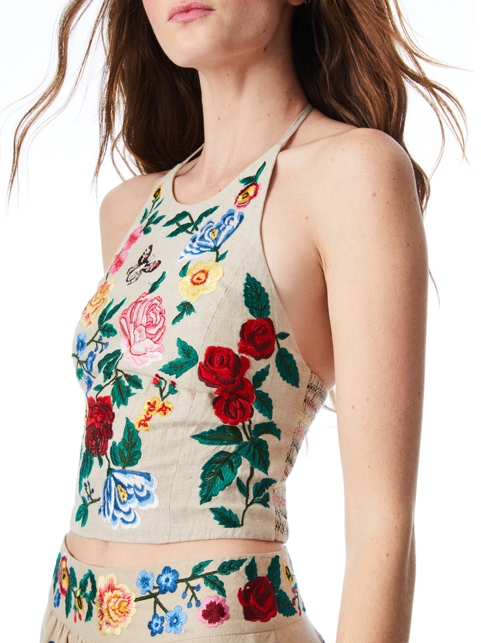 JAYMEE EMBROIDERED HALTER TOP - OATMEAL/MULTI image 3 - Alice And Olivia