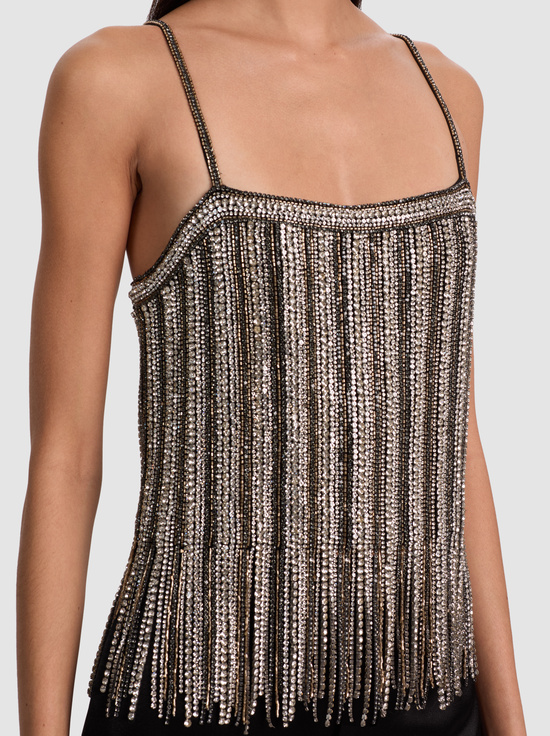 BLACK/SILVER-CHI EMBELLISHED FRINGE TANK