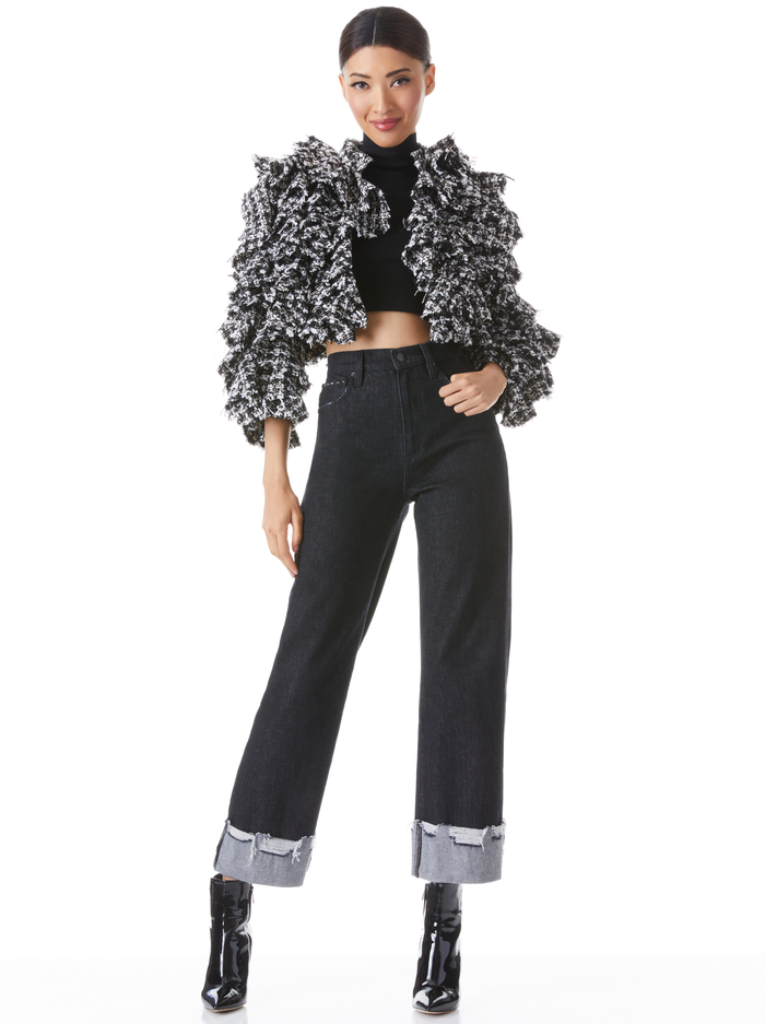 BRITTON RUFFLED CROPPED 3/4 SLEEVE JACKET - BLACK/OFF WHITE image 2 - ALICE + OLIVIA