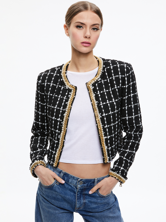 Sabina Chain Trim Tweed Jacket In Black/ecru