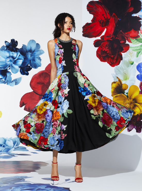 GARDEN BRUNCH BLACK-ADLEY DROP WAIST MIDI DRESS