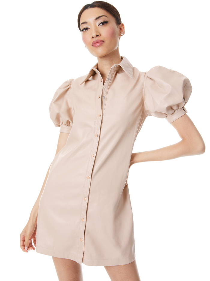 Jem Vegan Leather Puff Sleeve Shirt Dress In Almond Alice And Olivia 