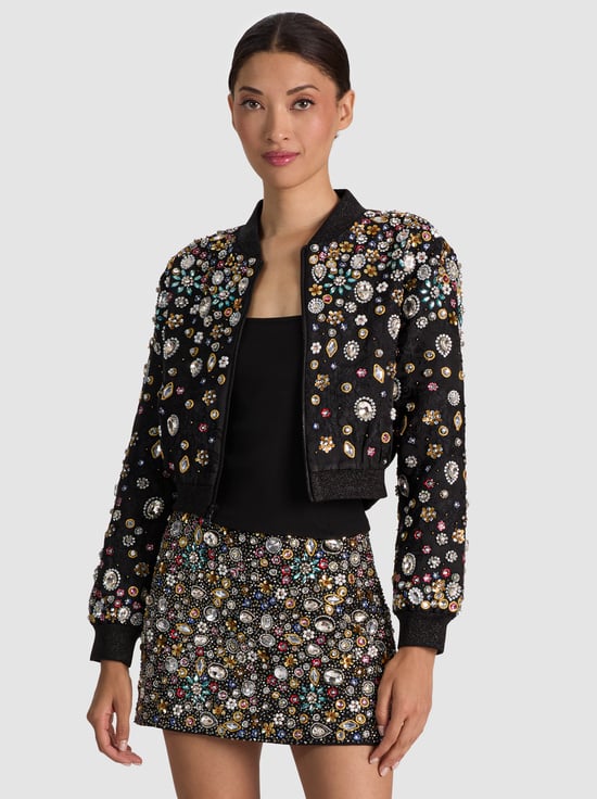 BLACK/MULTI-JACKIE EMBELLISHED BOMBER JACKET
