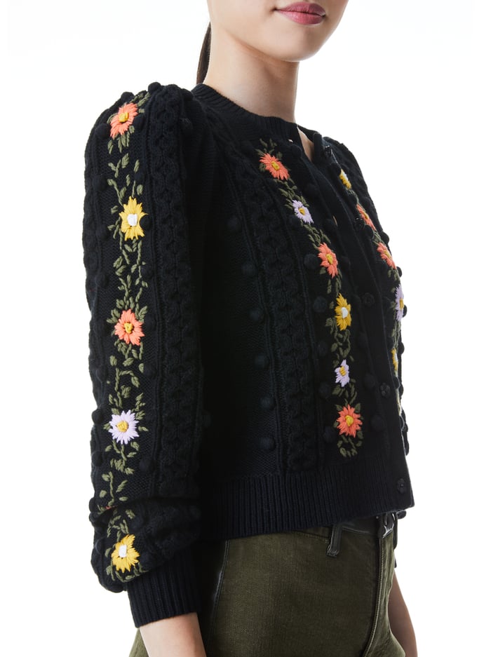 KITTY PUFF SLEEVE CARDIGAN - BLACK/MULTI image 3 - Alice And Olivia