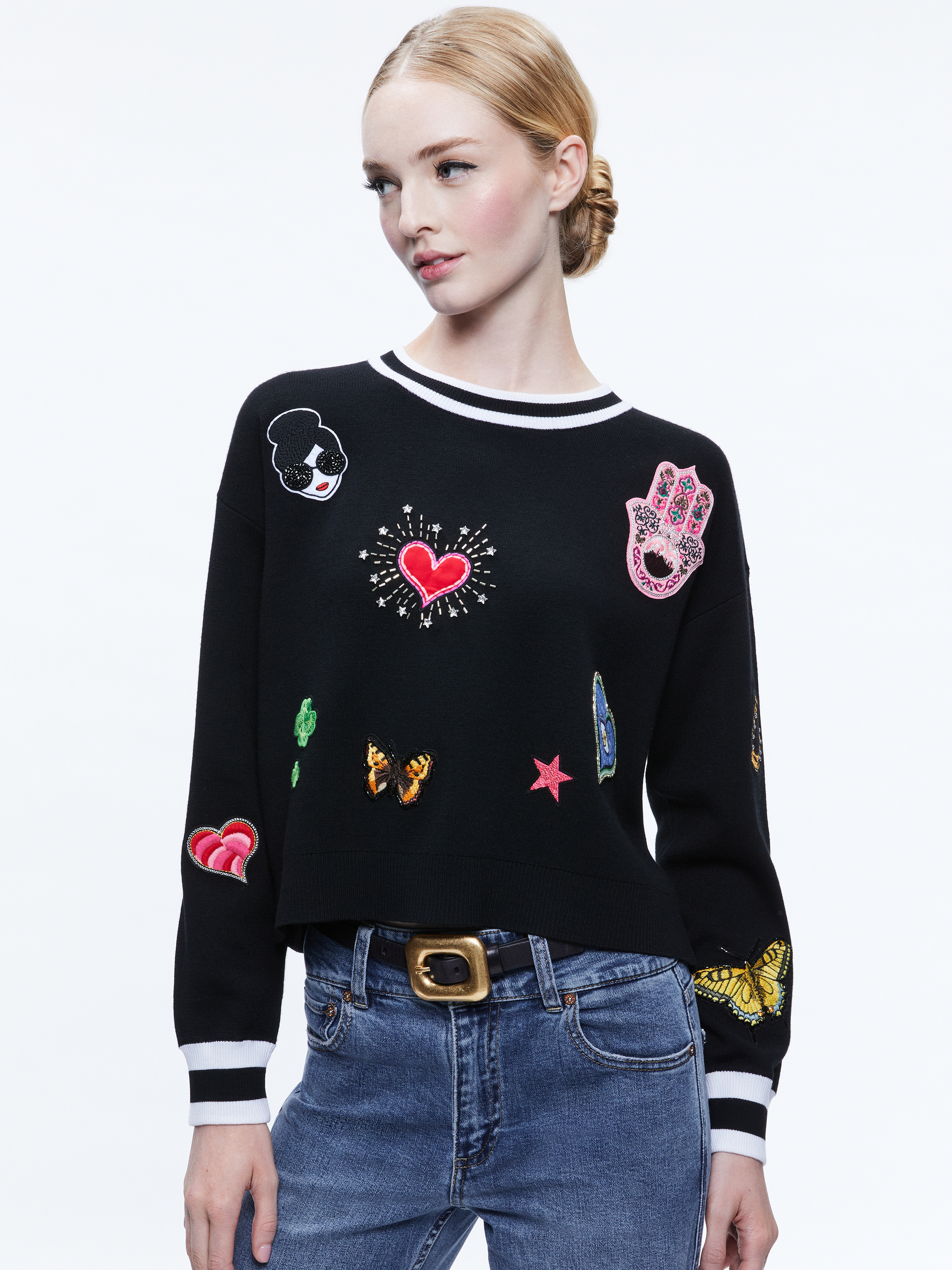 Gleeson Staceface Patch Pullover In Black Multi | Alice And Olivia