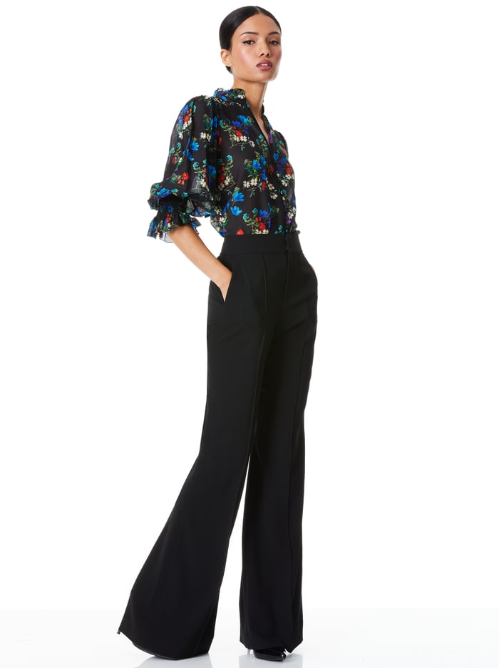 Ilan Smocked Sleeve Button Front Blouse In Beautiful Blooms Small Black ...