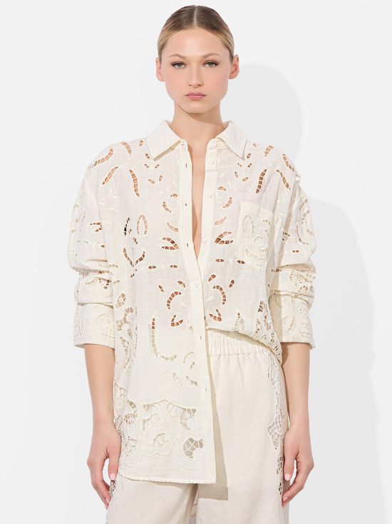 OFF WHITE-FINELY EYELET OVERSIZED BUTTON DOWN
