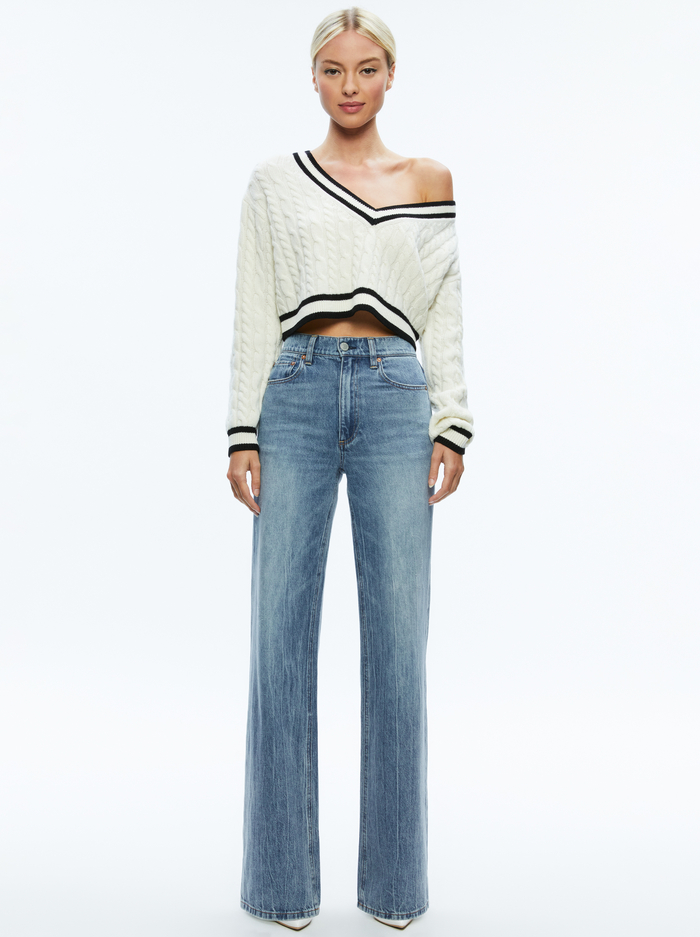 AYDEN CROPPED V-NECK PULLOVER - ECRU/BLACK image 4 - Alice And Olivia