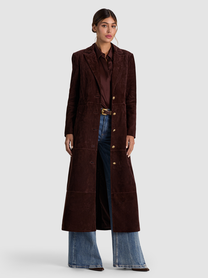 IRVIN SUEDE SLIM MAXI BLAZER - DARK CHOCOLATE - ALICE + OLIVIA