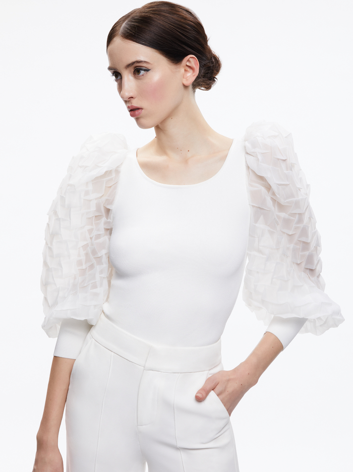 ABELLA PUFF SLEEVE SQUARE NECK SWEATER - SOFT WHITE - Alice And Olivia