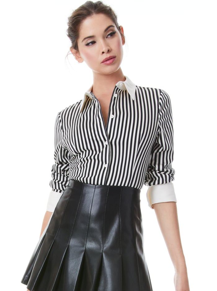 MELIA FITTED BUTTON-DOWN TOP - JOY STRIPE - Alice And Olivia