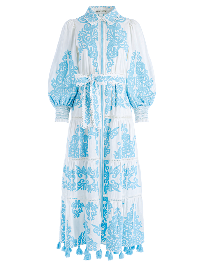 SHIRA EMBROIDERED MIDI TIERED DRESS - OFF WHITE/SPRING SKY image 4 - Alice And Olivia