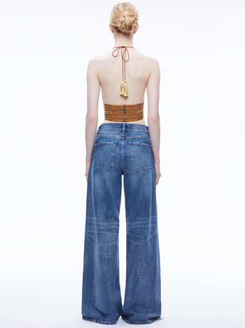 CAMEL/GOLD-CARLI EMBROIDERED TIE NECK BRA TOP