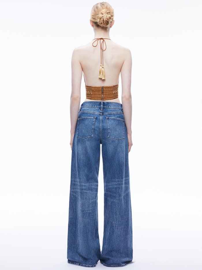 CARLI EMBROIDERED TIE NECK BRA TOP - CAMEL/GOLD image 1 - Alice And Olivia