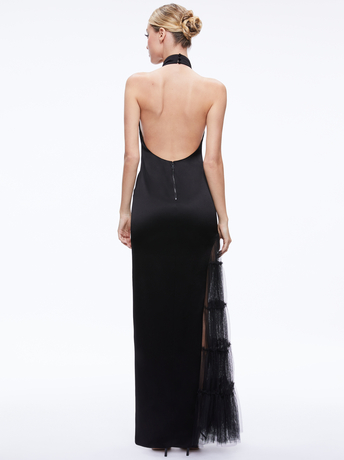 BLACK-RYN SLIT TULLE PANEL MAXI DRESS