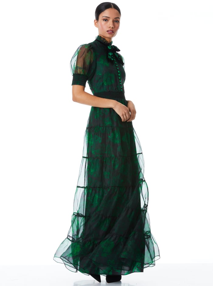 COLETTA VELVET BOW NECK BUTTON FRONT MAXI DRESS - DREAM FLORAL EMERALD image 2 - Alice And Olivia