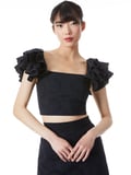 TAWNY EYELET SQUARE NECK RUFFLE CROP TOP - BLACK