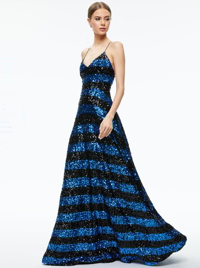 DOMENICA SEQUIN GOWN DRESS - SAPPHIRE/BLACK STRIPE - Alice And Olivia