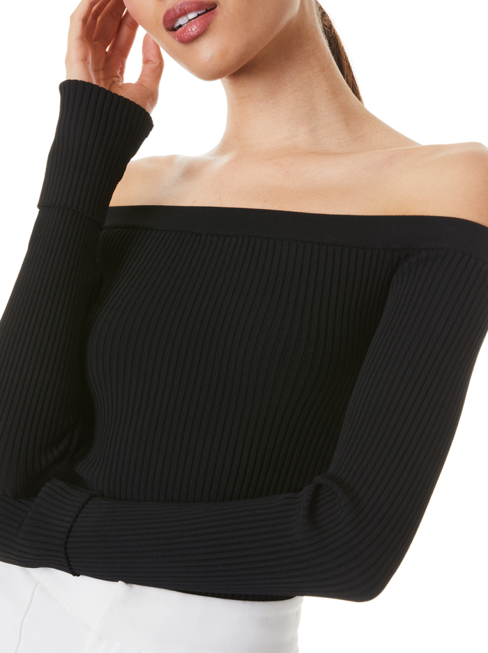 JEANNE OFF SHOULDER RIB PULLOVER - BLACK image 3 - Alice And Olivia
