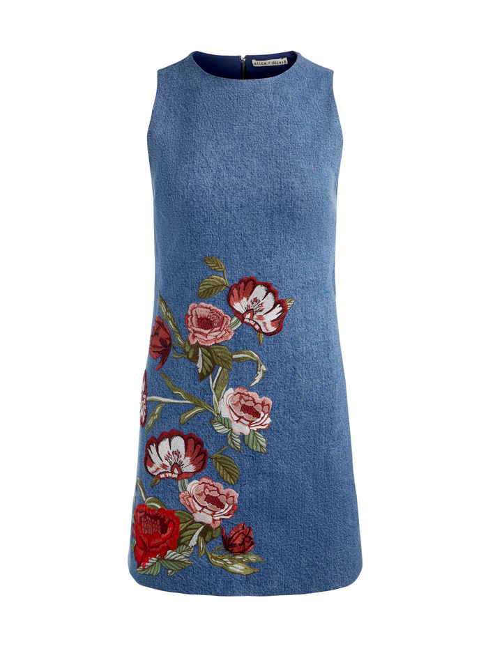 CADE EMBROIDERED DENIM MINI DRESS - BROOKLYN BLUE/MULTI image 6 - Alice And Olivia