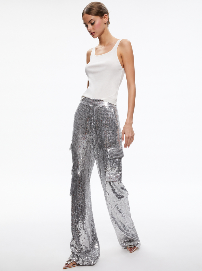 HAYES SEQUIN EMBELLISHED WIDE LEG PANT - SILVER image 4 - ALICE + OLIVIA