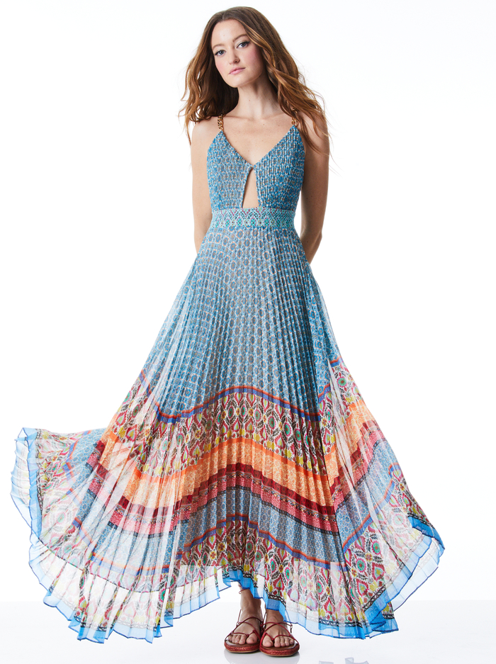 GLORIA CHAIN STRAP PLEATED MAXI DRESS - SUNSHOWER STRIPE/MULTI - Alice And Olivia