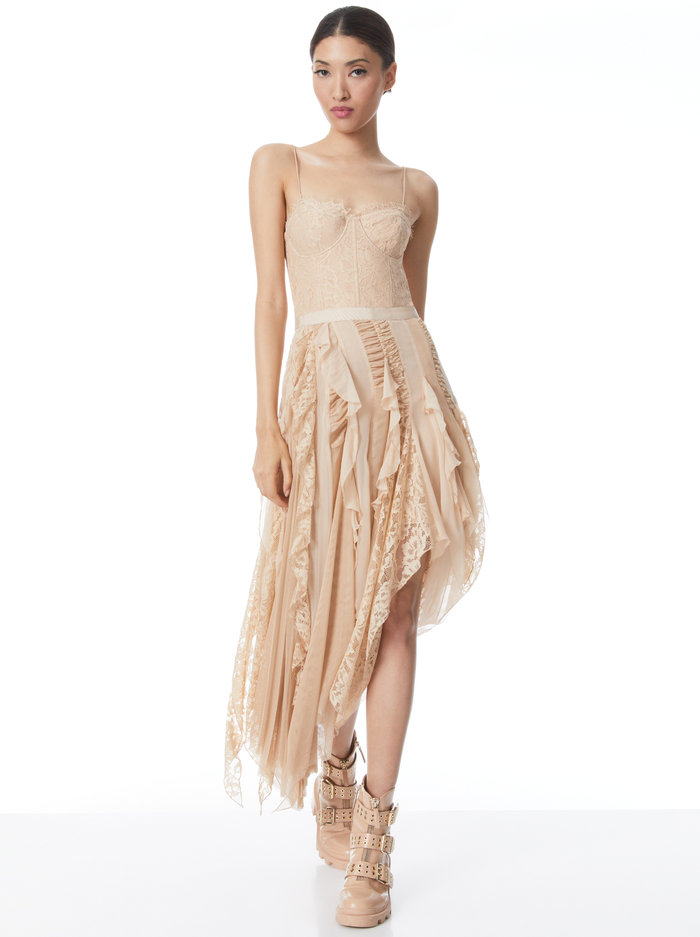 MARITZA BUSTIER ASYMMETRIC MIDI DRESS - ALMOND - Alice And Olivia