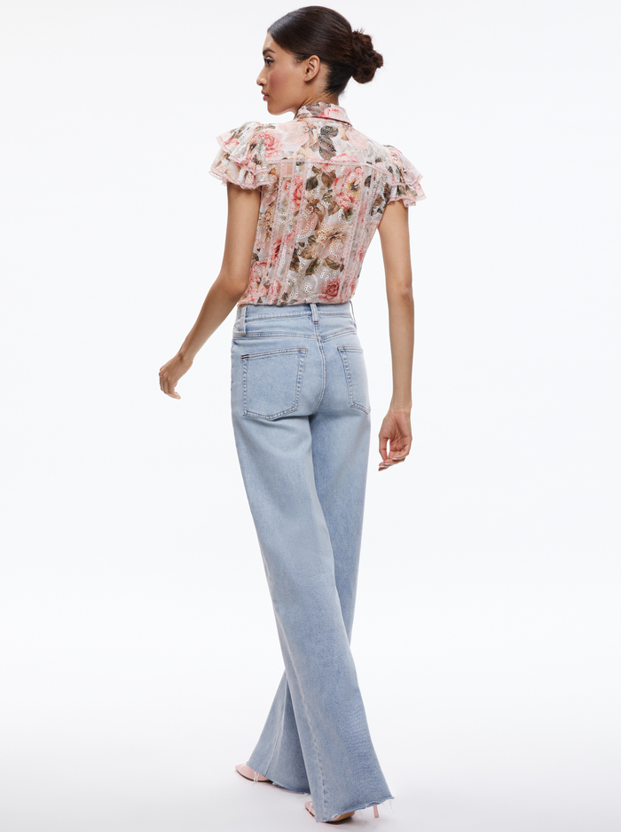 MINDA RUFFLE SLEEVE BLOUSE WITH TIE NECK - MORNINGSIDE FLORAL WHITE image 1 - Alice And Olivia