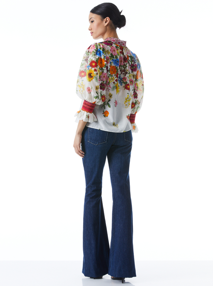 ILAN SMOCKED SLEEVE BUTTON FRONT BLOUSE - SUNDAY STROLL OFF WHITE/MULTI image 1 - Alice And Olivia