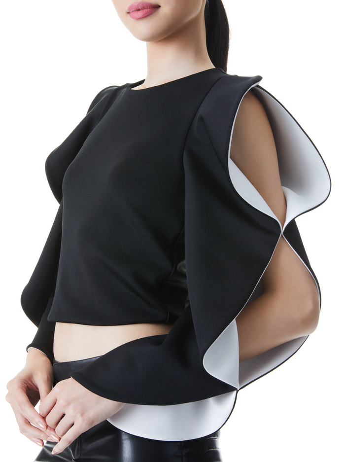 OLLIE RUFFLE SLEEVE CROP TOP - BLACK/OFF WHITE image 3 - ALICE + OLIVIA