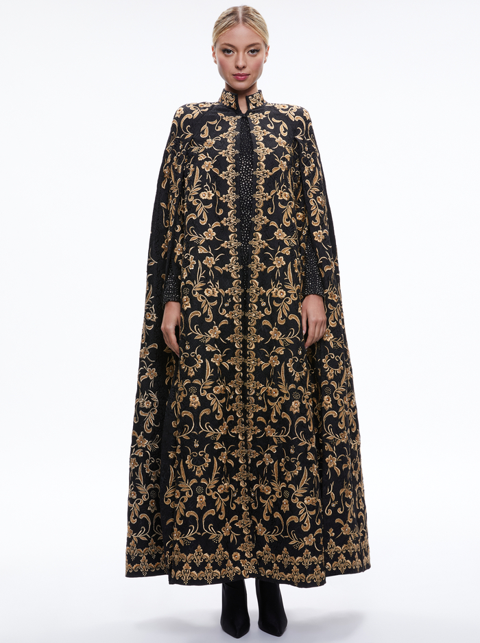 SOILA COLLARED MAXI CAPE - BLACK/BRASS - Alice And Olivia