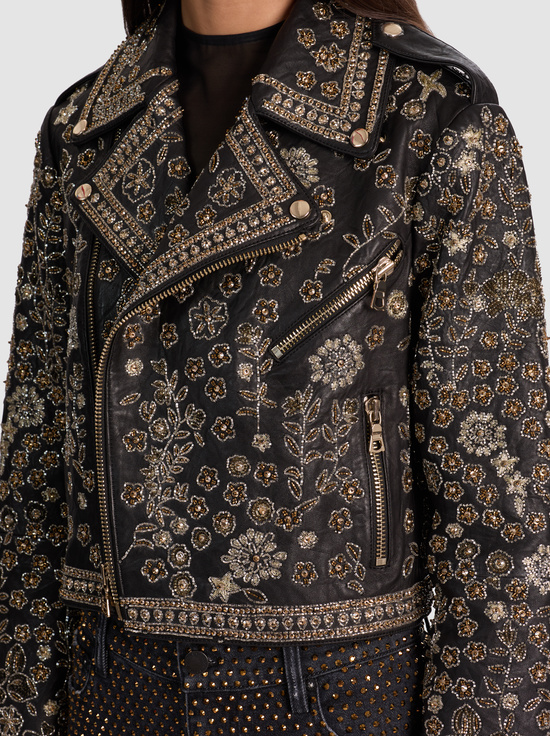 BLACK/MULTI-CODY EMBELLISHED LEATHER JACKET