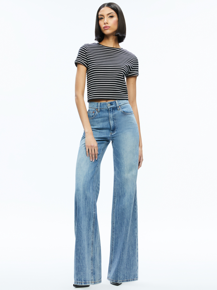 CINDY CROPPED TEE - BLACK/OFF WHITE STRIPE image 2 - Alice And Olivia