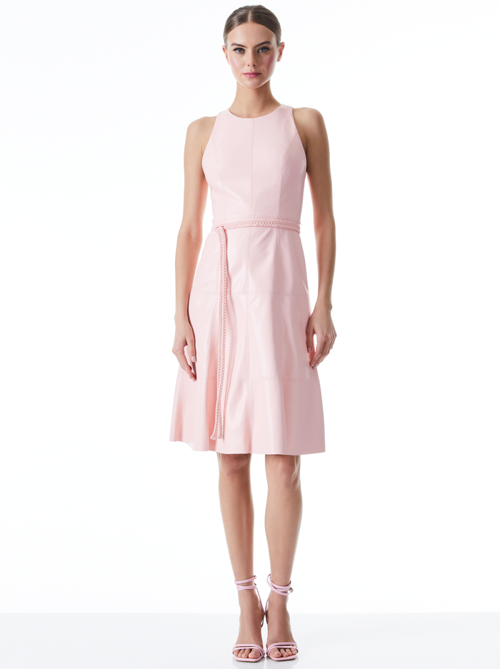 LEANDRA VEGAN LEATHER BELTED MIDI DRESS - ENGLISH ROSE - Alice And Olivia