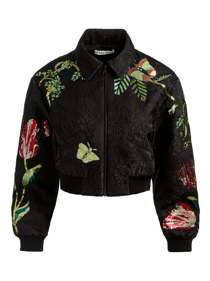 EDMOND EMBELLISHED VARSITY JACKET - SOFT TULIP BLACK image 6 - ALICE + OLIVIA