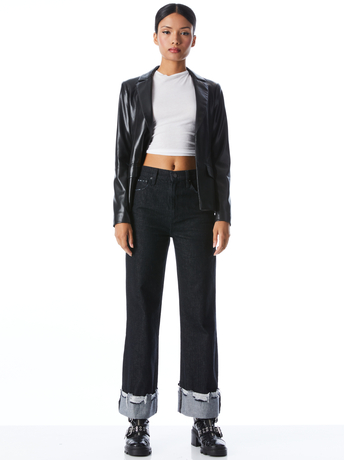 BLACK-MYA VEGAN LEATHER NOTCH COLLAR BLAZER