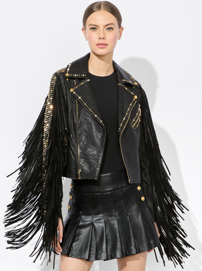 CODY FRINGE LEATHER JACKET - BLACK - Alice And Olivia