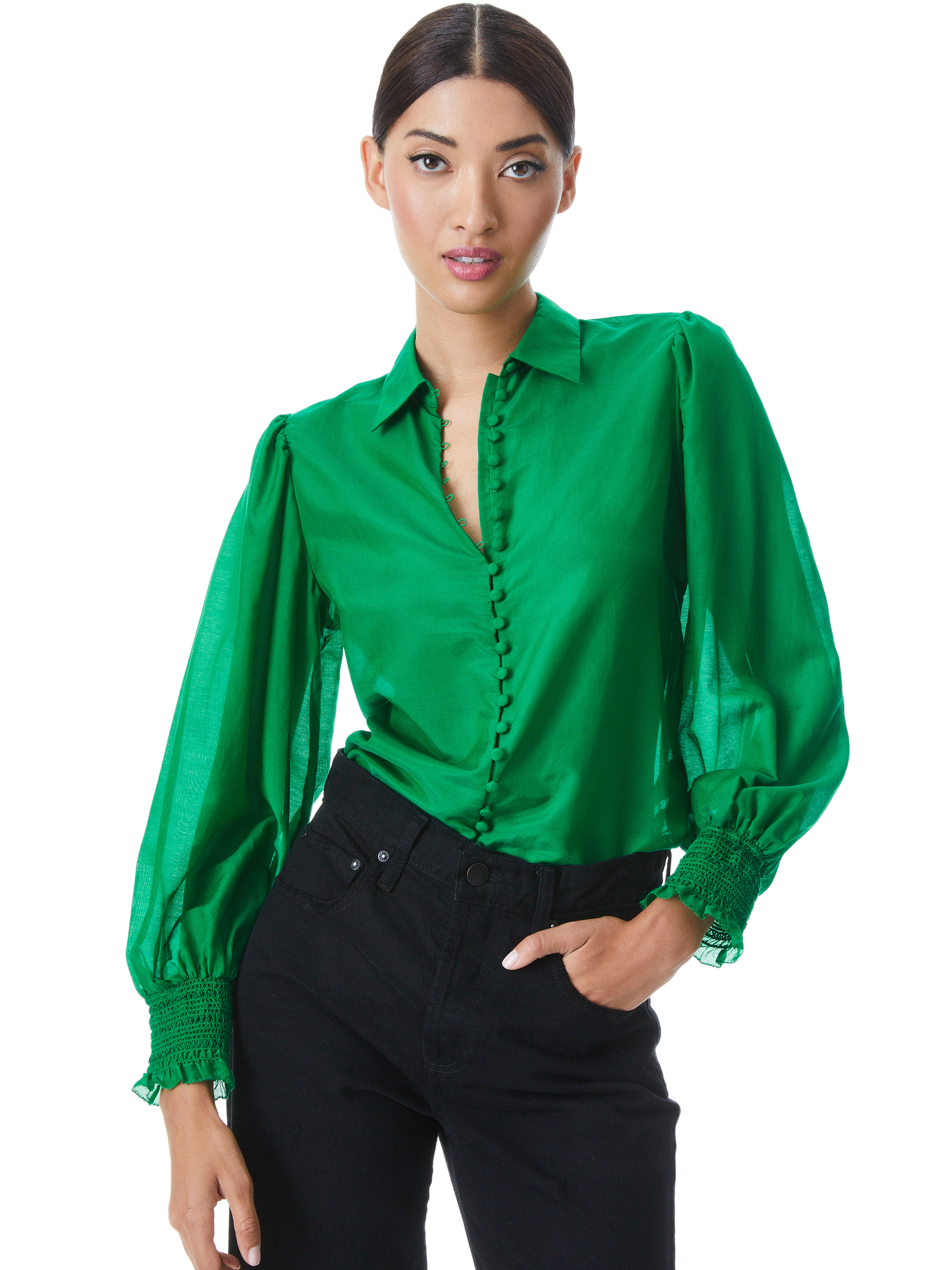 Joey Button Front Blouse In Dark Emerald | Alice And Olivia