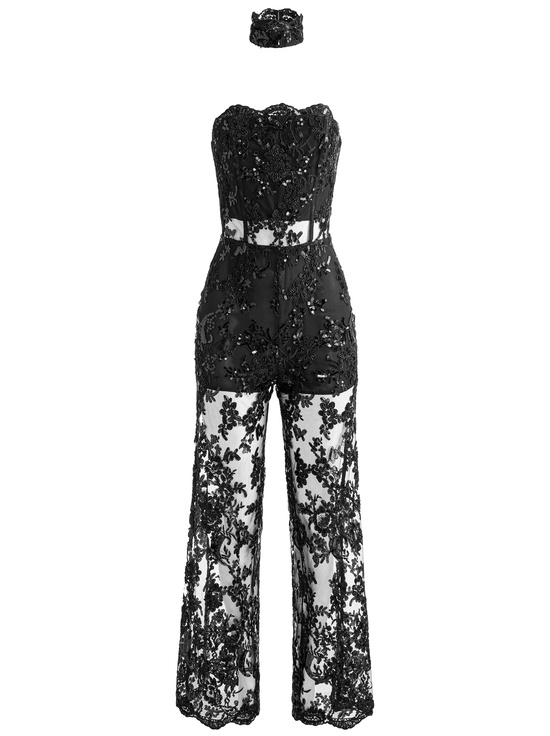 BLACK-GEORGIE EMBELLISHED LACE JUMPSUIT