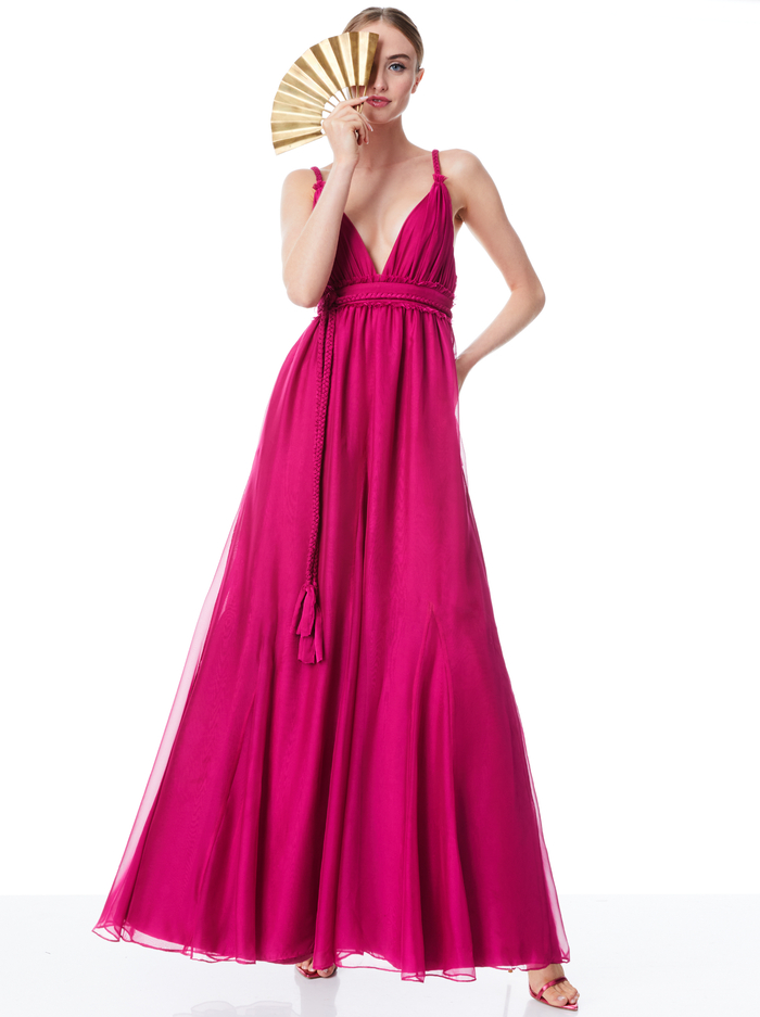CARISA DEEP V-NECK GOWN WITH BRAIDED BELT - RASPBERRY image 4 - Alice And Olivia
