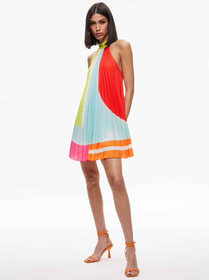 AVIANA HALTERNECK SUNBURST PLEATED MINI DRESS - TAKING SIDES GEO image 4 - Alice And Olivia