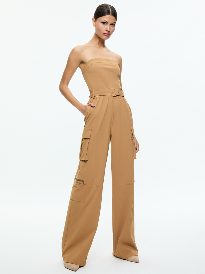 SACHIKO STRAPLESS CARGO JUMPSUIT - TAN image 1 - Alice And Olivia