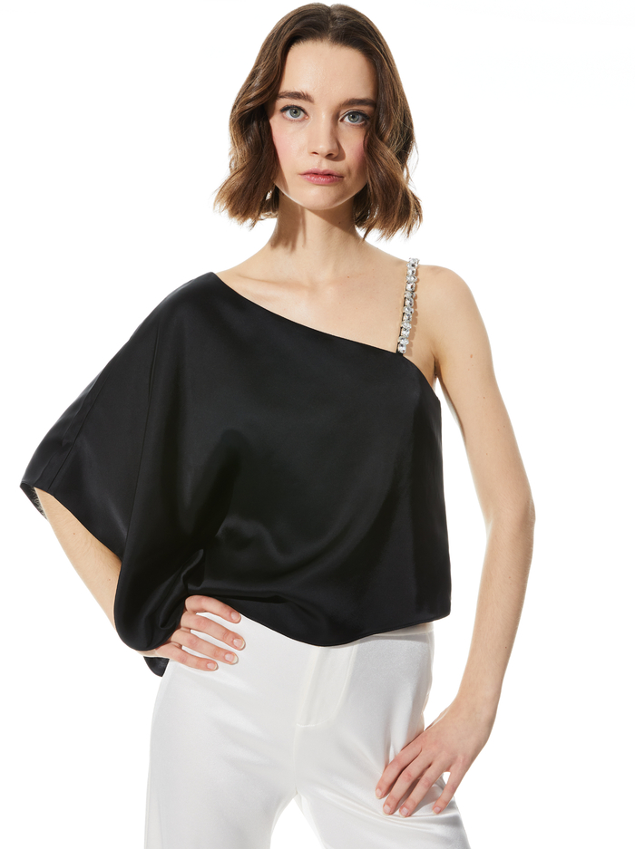 RIKO ONE SHOULDER EMBELLISHED STRAP TOP - BLACK - Alice And Olivia