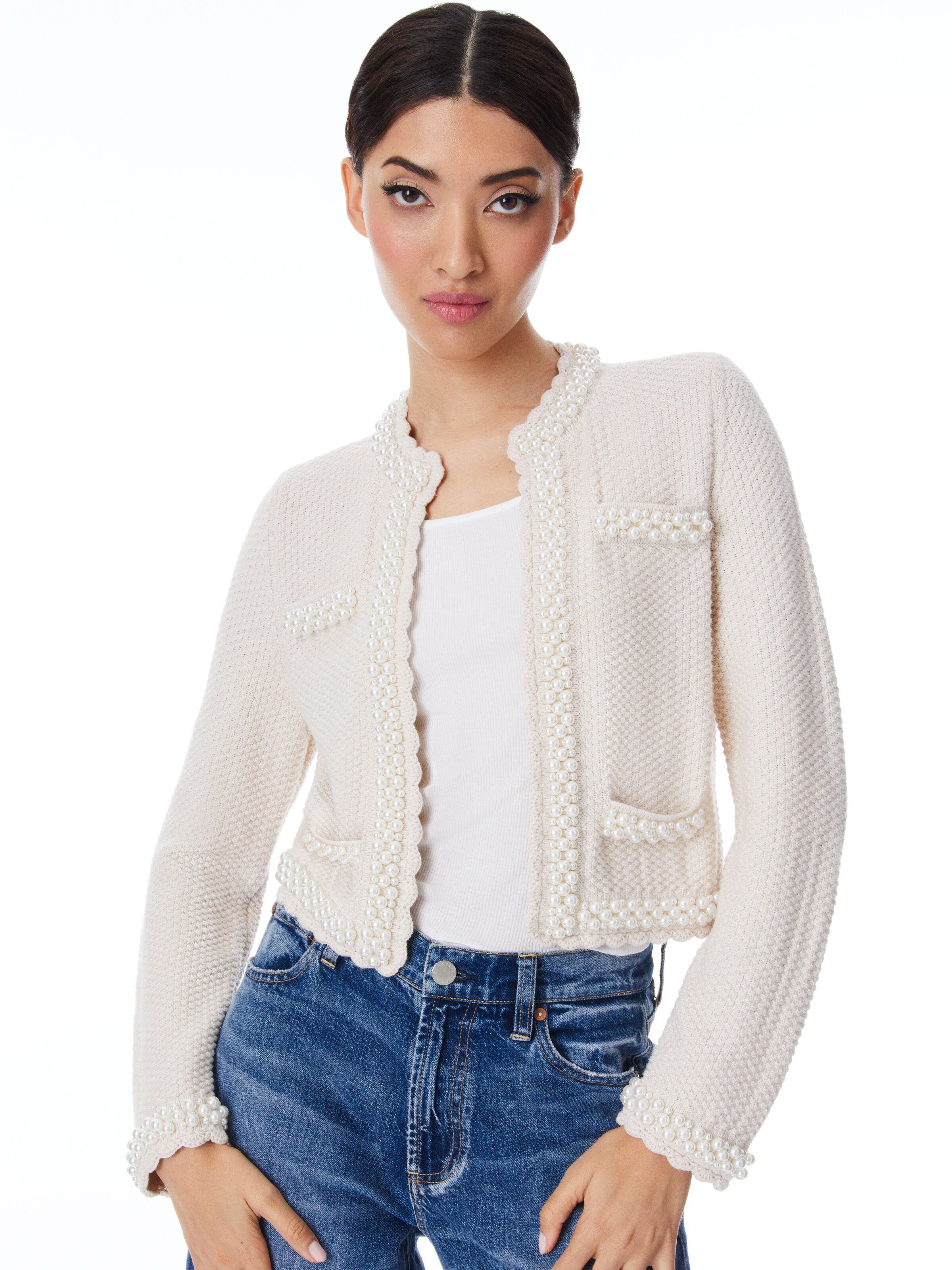 Noella Knit Jacket With Pearls In Sand Marl pearl Alice Olivia