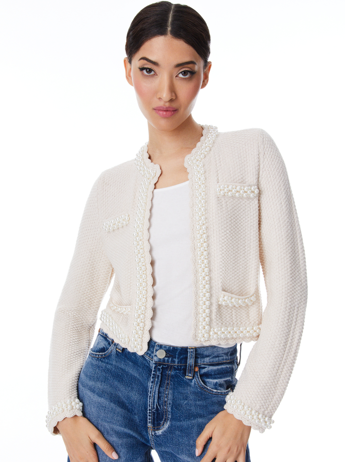 NOELLA KNIT JACKET WITH PEARLS - SAND MARL/PEARL - Alice And Olivia