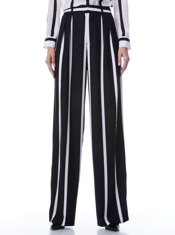 POMPEY HIGH WAISTED PLEATED PANTS - MODERN VERTICAL STRIPE BLK/OWT - Alice And Olivia
