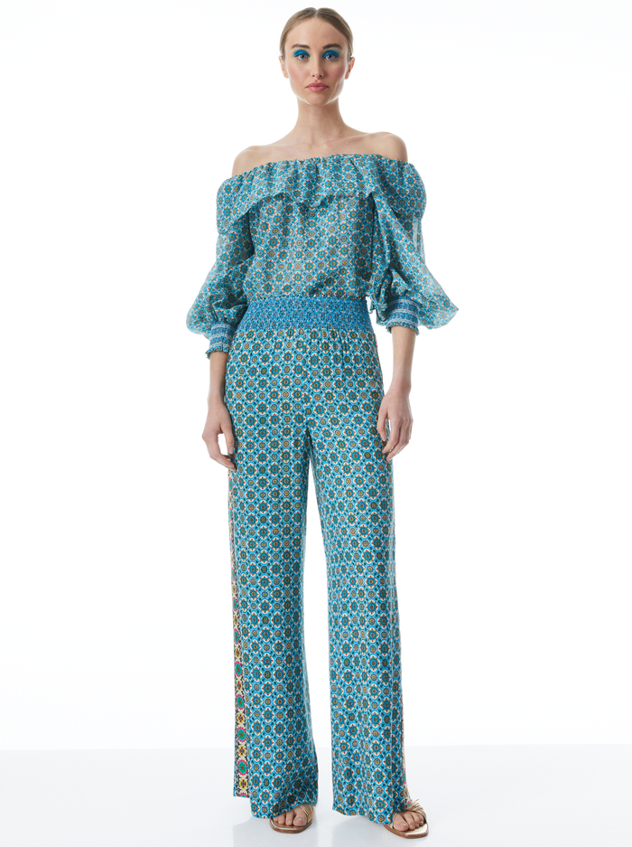 RUSSELL HIGH WAISTED SMOCKED WAISTBAND PANT - WASHED GEO image 2 - Alice And Olivia
