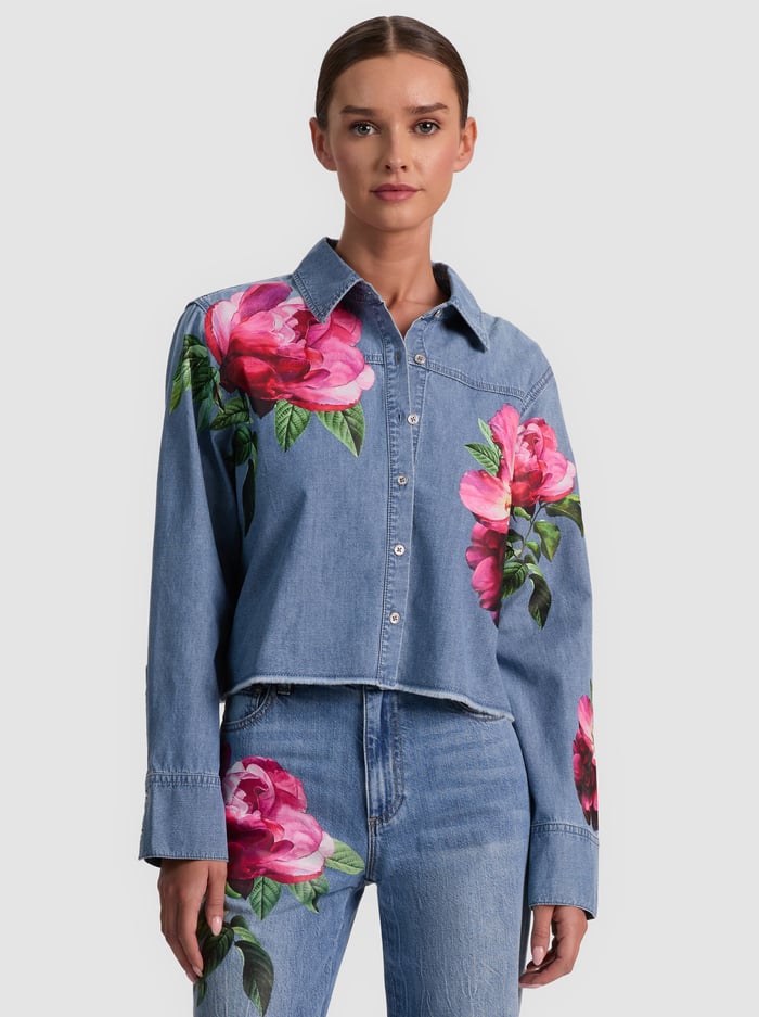 FINELY DENIM BUTTON DOWN - DENVER BRIGHT BLUE/EMPRS BLOOM - ALICE + OLIVIA