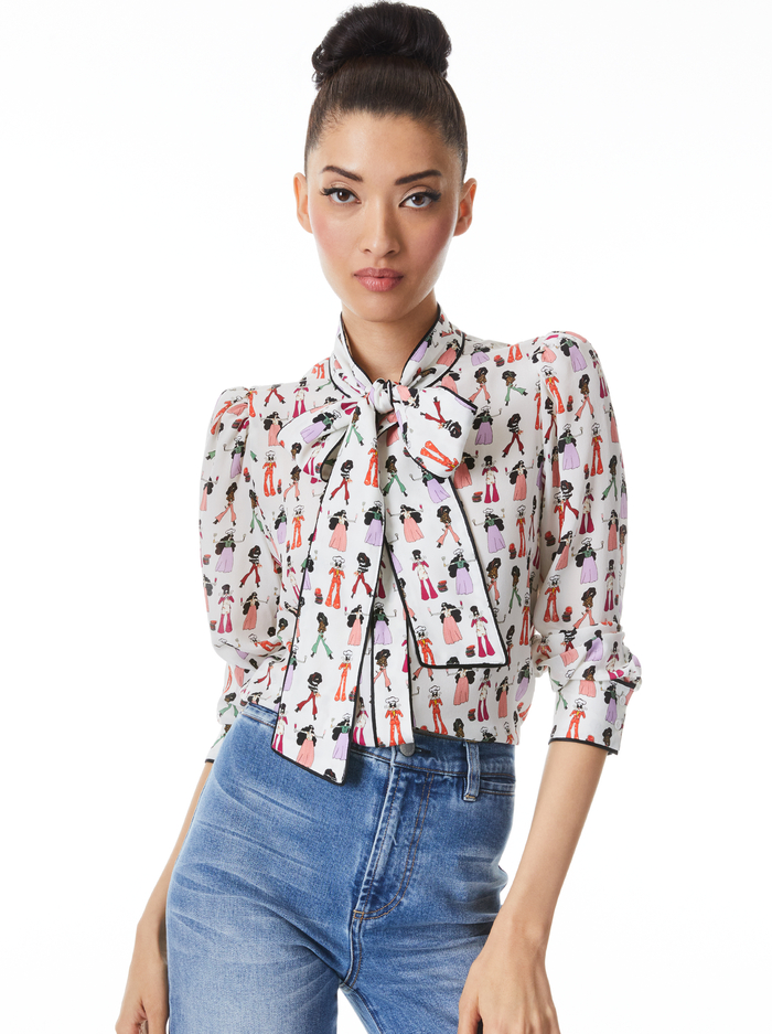 JEANNIE BOW COLLAR BUTTON DOWN SHIRT - CHEF STACEY - Alice And Olivia
